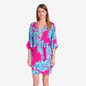 Lilly Pulitzer Wilda Caftan Dress Size Small Pink Sway Beaded Tropical Vacation